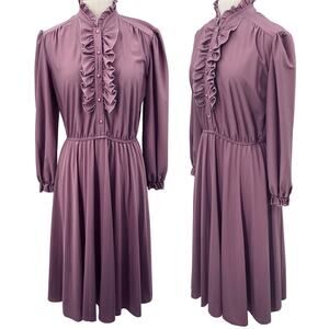 Vintage 70s Ruffled Shirt Dress Long Sleeve Blouson Fit & Flare Pink Purple 10